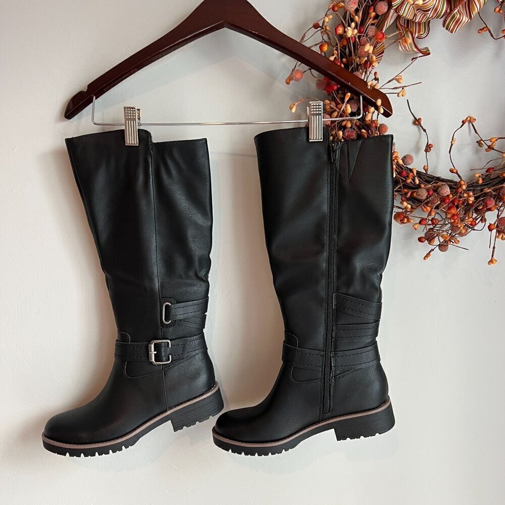 Sun + Stone Blakelyy Womens Faux Leather Buckle Knee-High Boots Sz 6M in Black